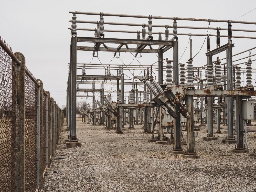 A high-voltage electrical substation yard